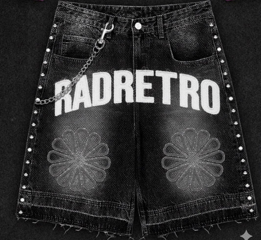 "RADRETRO - Distressed Studded Denim Utility Shorts"